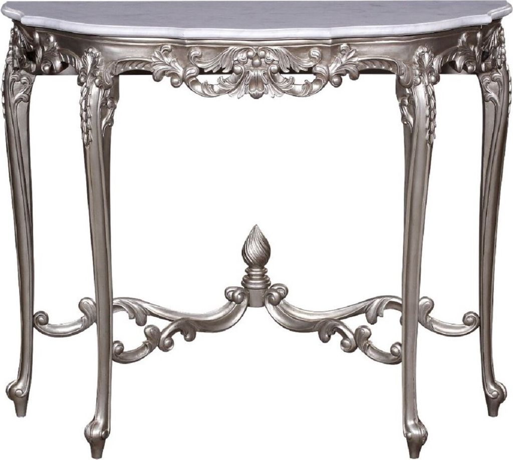 Casa Padrino Luxus Barock Konsole Silber / Weiß - Handgeferigter Massivholz Konsolentisch mit Marmorplatte - Barock Möbel