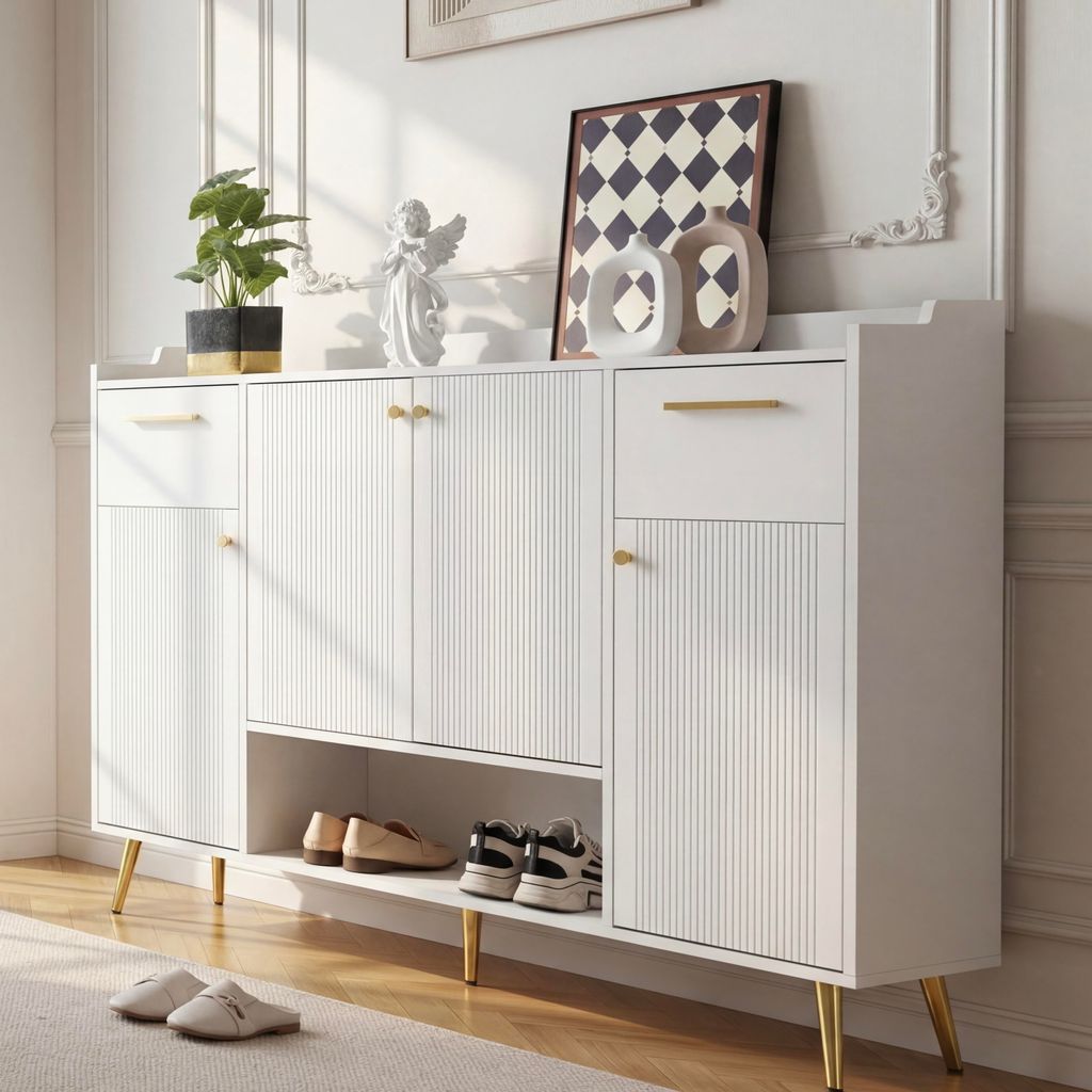 Merax Schuhschrank mit 2 Schubladen und 4 Türen, modernes Design mit Metallfüßen, Maße: H100/B130/T37 cm