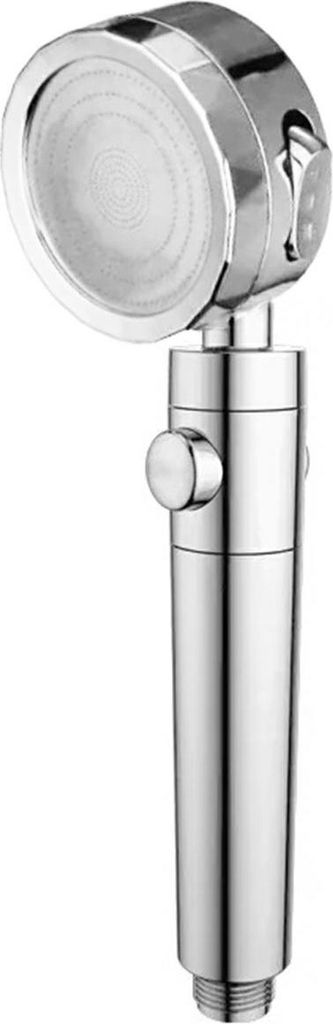 A chrome shower head on a white background.