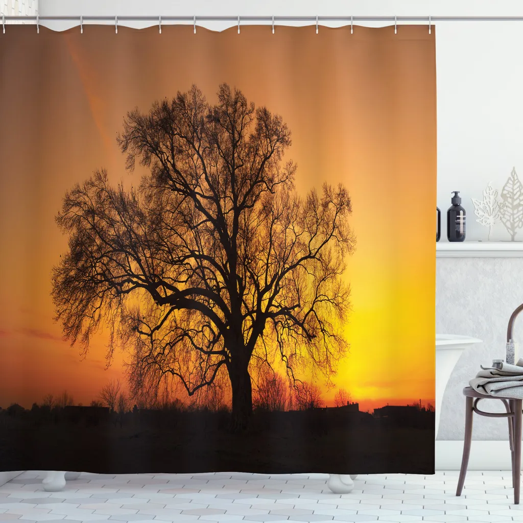 ABAKUHAUS Tenda da doccia Baum, Old Oak at Sunset View, impermeabile, inclusi 12 anelli, resistente a batteri e muffe, 175 x 200 cm, arancione marrone