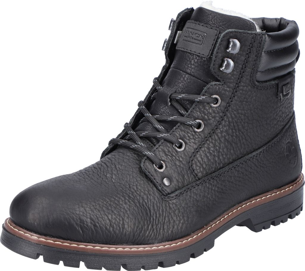 A studio shot of a black leather boot.