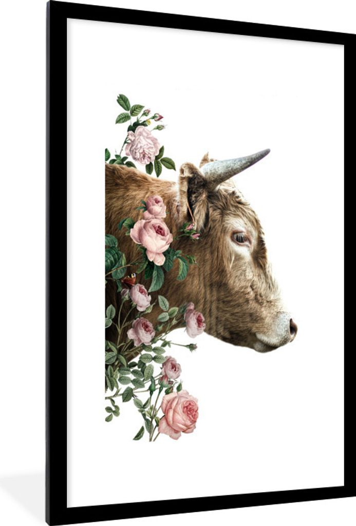 MuchoWow MuchoWow Gerahmtes Poster Schottisches Hochlandrind - Blumen - Rosa 60x90 cm - Poster mit zchwarzem Bilderrahmen - Dekoration - Wandpo...
