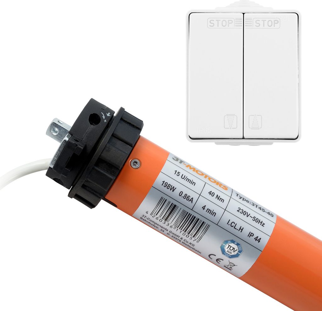 3T Markisenmotor 40Nm inkl. AP-Wippschalter IP65 + Adaptersatz Typ: 3T45-40 / 63mm rund