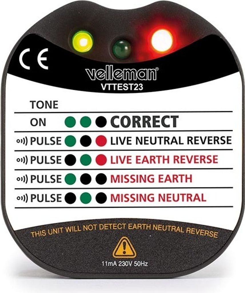 Velleman Steckdosenspannungs- und Erdungstester, mit LED und Summer, CAT II, 230 V, erkennt