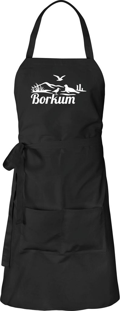 Huuraa Schürze Borkum Strandmotiv Schwarz mit Taschen Baumwolle Kochschürze Geschenkidee