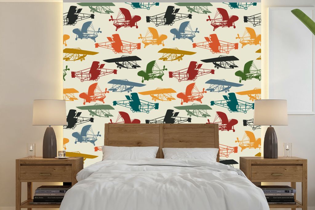 MuchoWow Fototapete für Wohnzimmer oder Schlafzimmer Wandtapete Vinyl Motivtapete Muster - Flugzeug - Retro - Jungen - Kinder - Kleiner Junge - ...