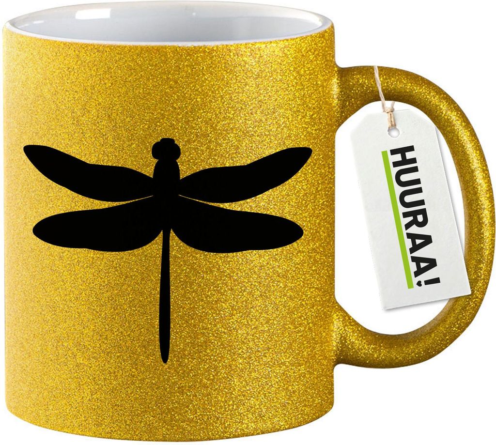 Huuraa Glitzertasse Libelle Silhouette 330ml Gold Keramik Kaffeebecher Geschenkidee