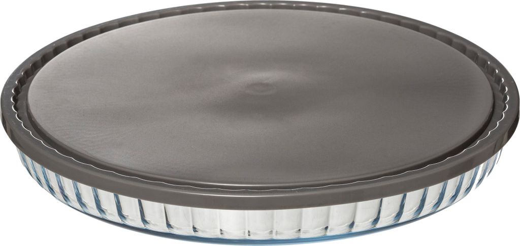 A glass pie dish with a gray silicone lid.