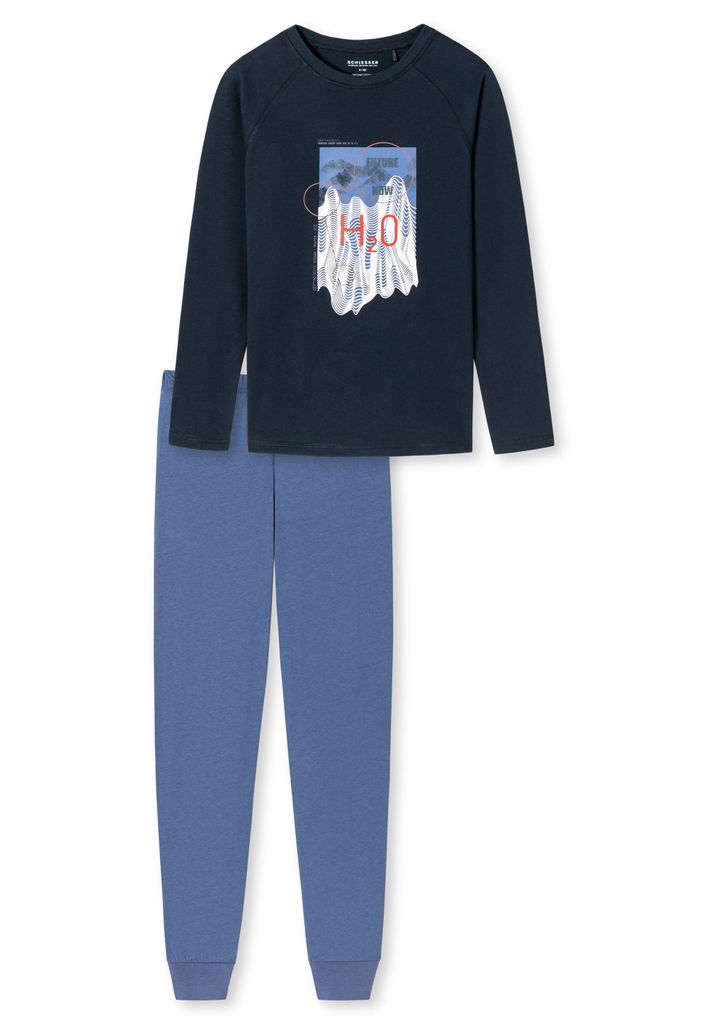 SCHIESSER Jungen Schlafanzug - Pyjama, Baumwolle, Bündchen, lang, Print, einfarbig Dunkelblau/Hellblau 140