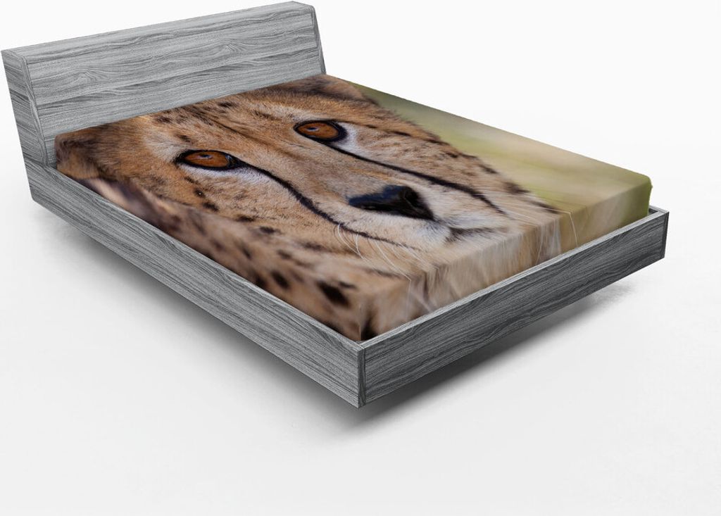 ABAKUHAUS Leopard Spannbetttuch, Close up Bild von Cheetah mit dunkelbraunen Augen auf einem unscharfen Hintergrund Wildlife, 140 x 200 cm, Mehrfarbig