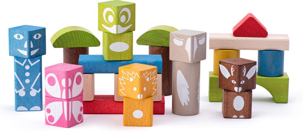 Woody Cubes farbig mit Aufdruck 26 Stück - 3,3 cm