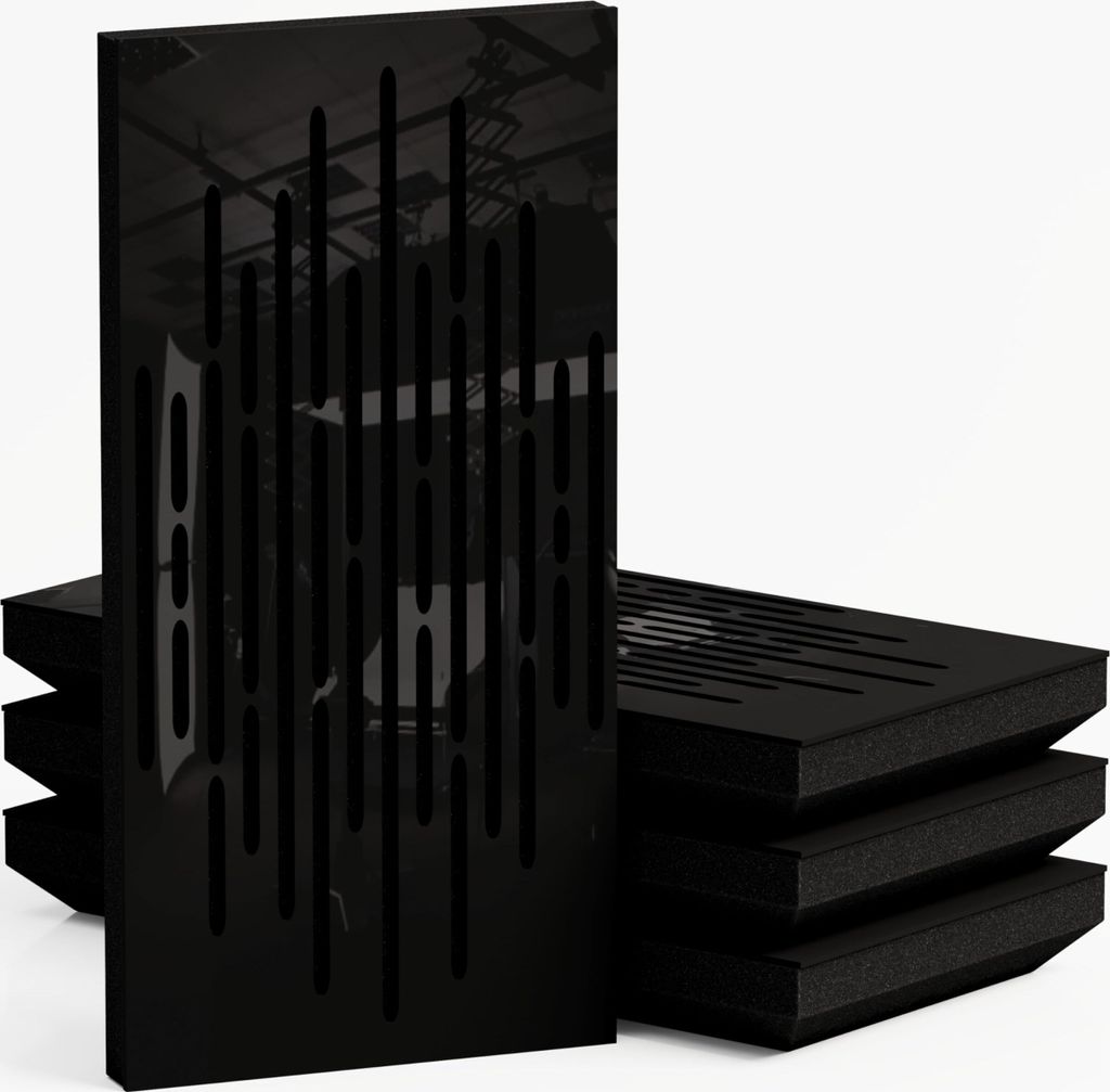 A stack of black acoustic panels with a glossy black panel in the foreground.