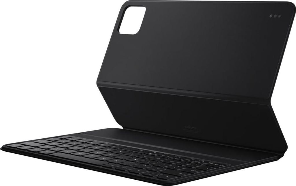 A black keyboard case for a tablet is shown from a side-angle.