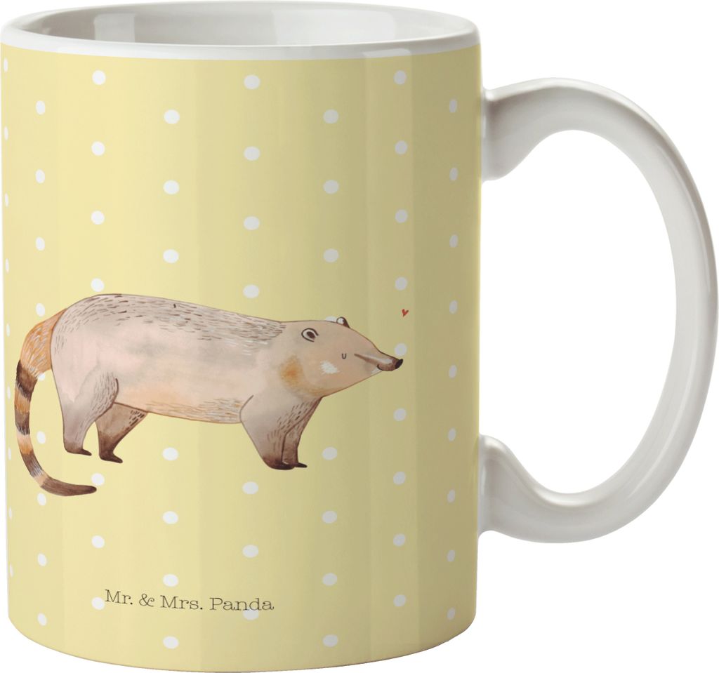 Mr. & Mrs. Panda Tasse Nasenbaer - Gelb Pastell - Geschenk, Lustige Sprüche, Nasenbär, Keramiktasse, Pott, Teetasse, Bär, Nasenbären, Rüsselb...