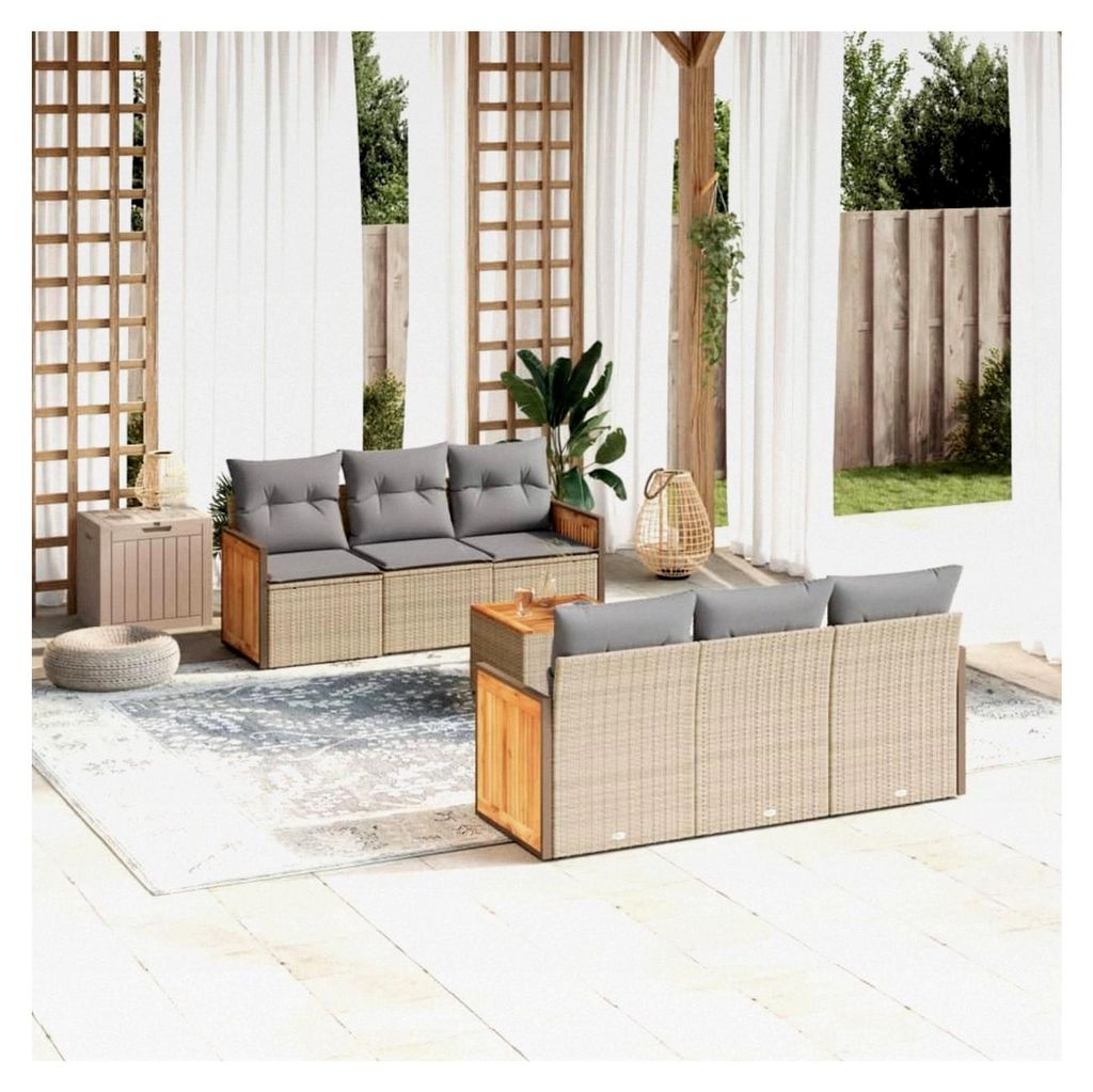 Gartenmöbel-Set, 7-teilig mit Kissen, Polyrattan, Beige