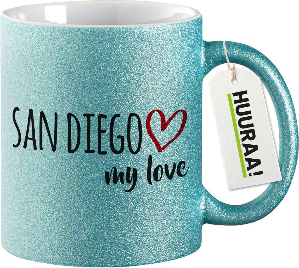Huuraa Glitzertasse San Diego my love 330ml Blau Keramik Kaffeebecher Geschenkidee