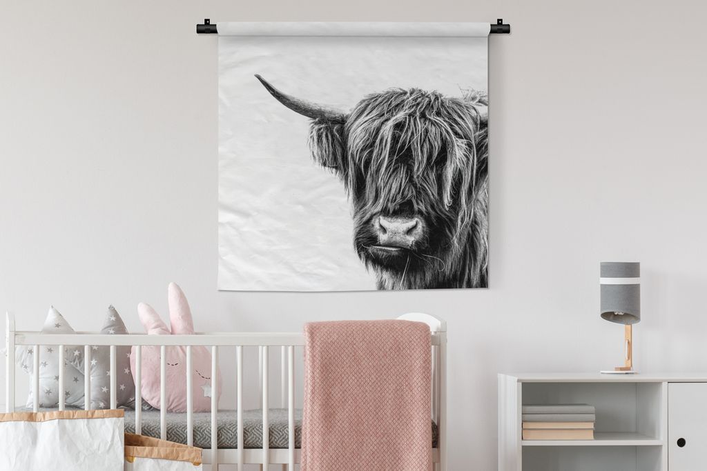 MuchoWow Wandteppich Wandbehang Schottisches Hochlandrind - Horn - Schwarz - Weiß 90x90 cm Tapisserie Dekoration Wandtuch - Wandaufhänger