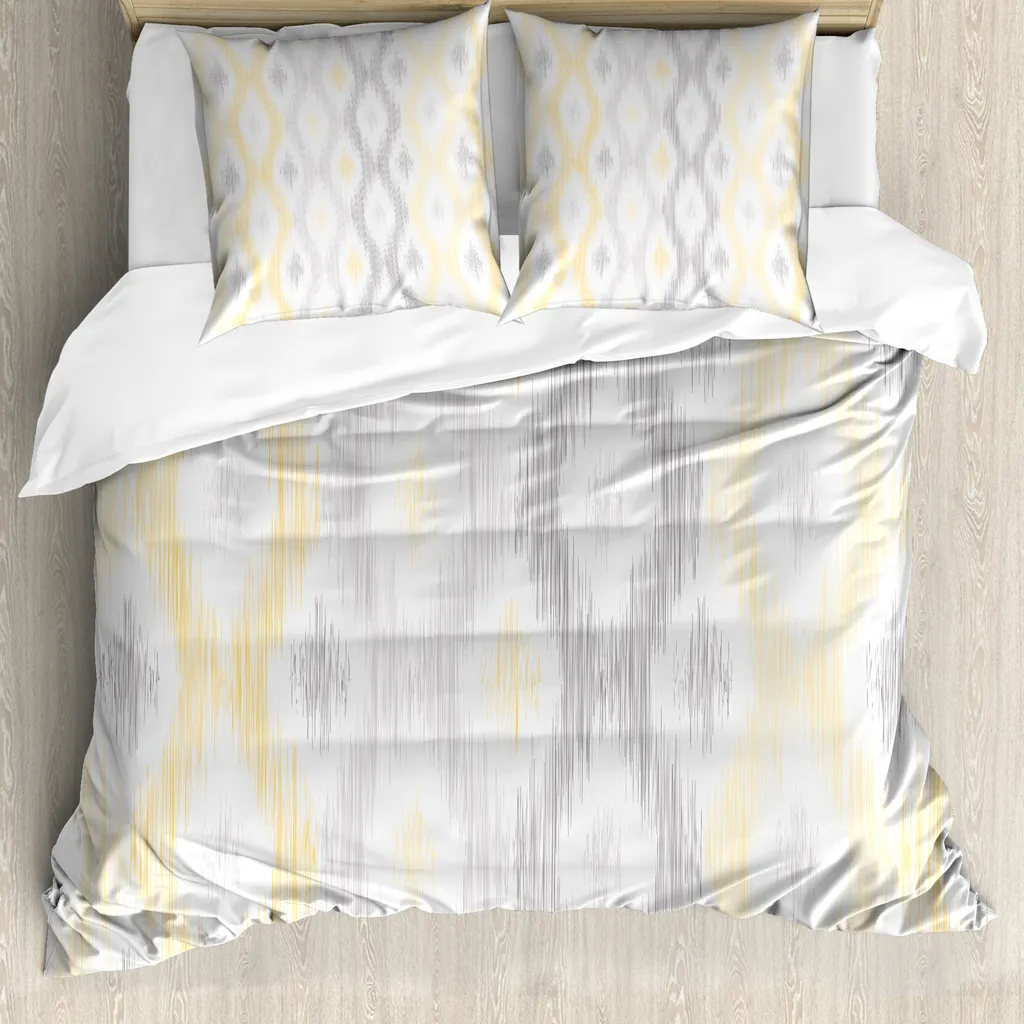 ABAKUHAUS Copripiumino grigio e giallo, motivo astratto a catena, antiacaro, adatto a chi soffre di allergie, con federe, 155 cm x 220 cm - 80 x 80 cm, grigio chiaro e giallo