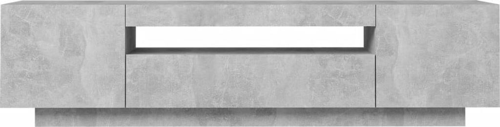 A front view of a gray TV cabinet with a central open shelf.