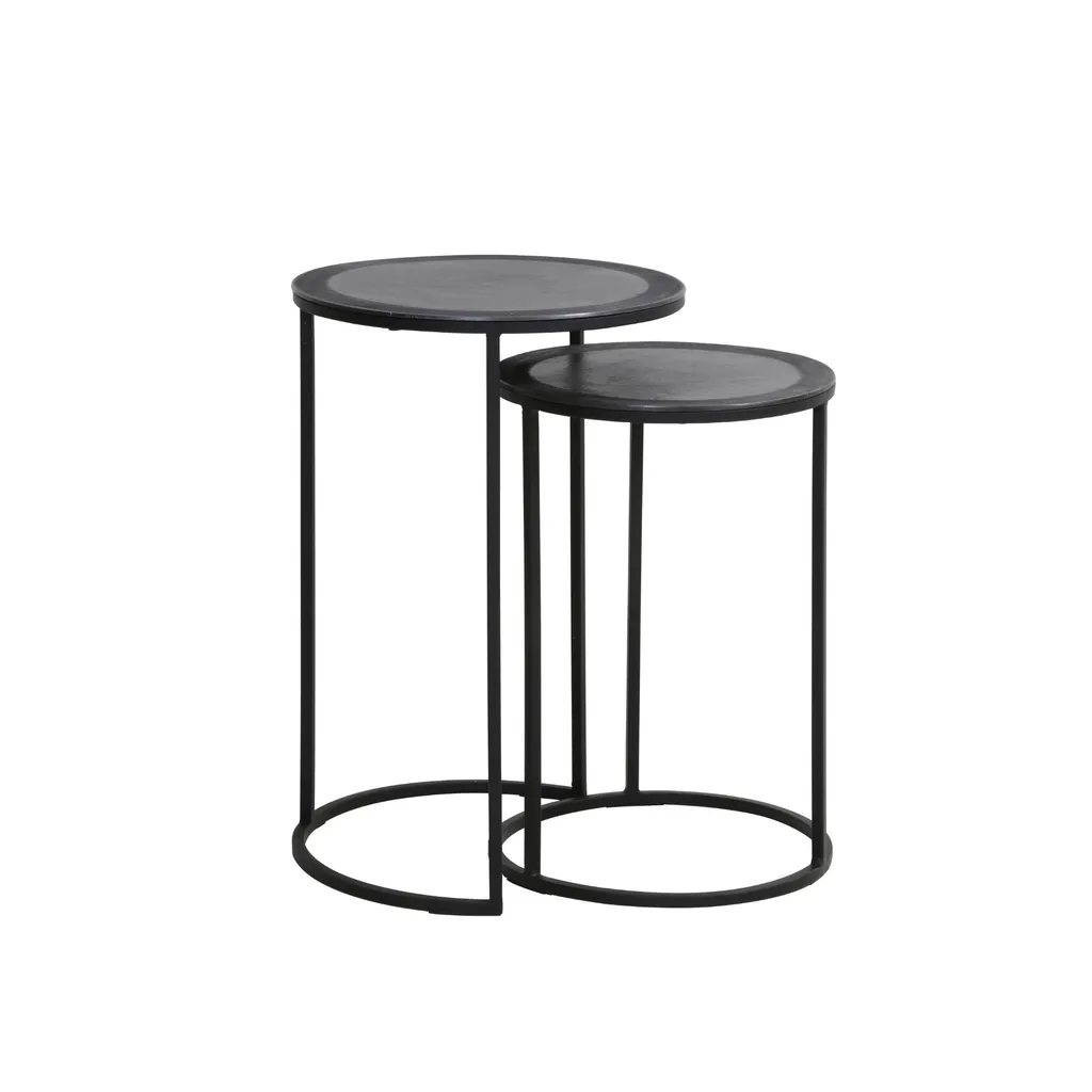 Set de 2 tables d'appoint Talca plomb antique bordées Ø40cm et Ø35cm