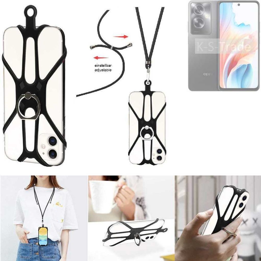 K-S-Trade 3in1 Handykette Handyband Handykordel Halsband Smartphone-Ring Handy-Ring kompatibel mit Oppo A2 Fingerhalterung Handyring Tischständer