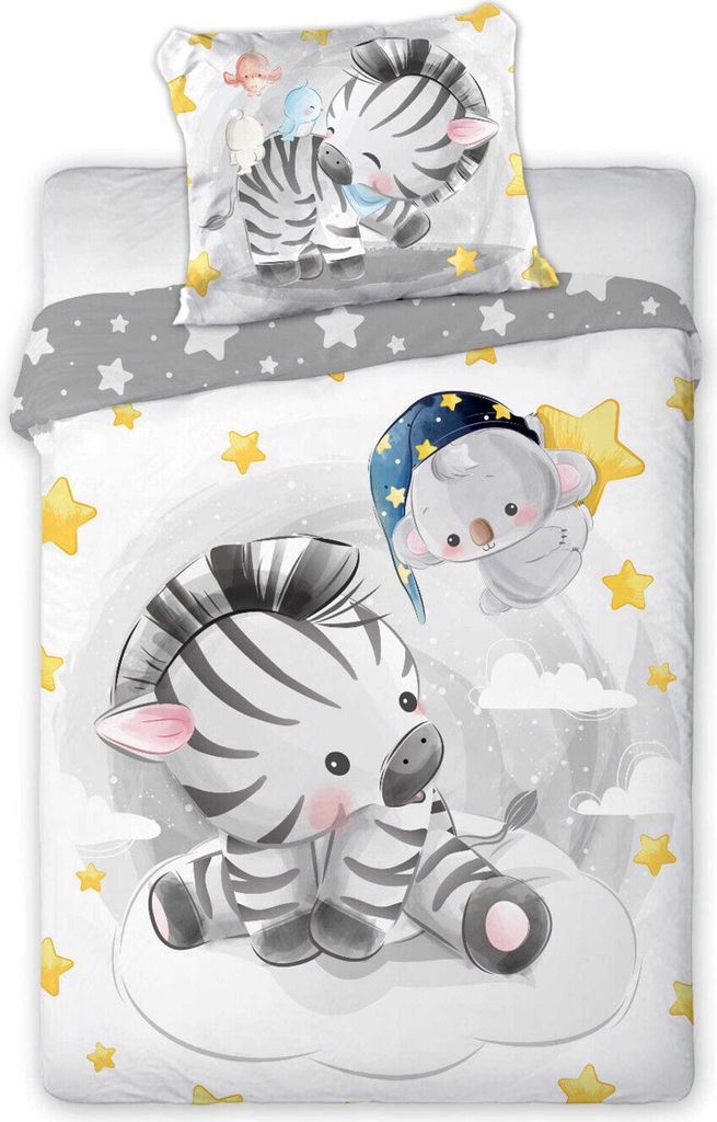 A baby bedding set with a zebra and koala illustration.