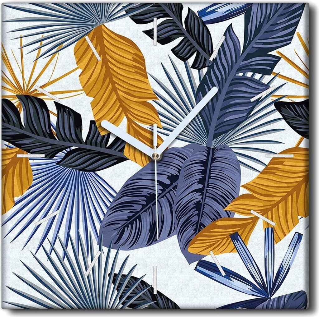 Coloray Uhr auf Leinwand 30x30 cm Wand Uhr Dekoration Wohnzimmer Segeltuch weiße Zeiger -Palm verlässt exotisch