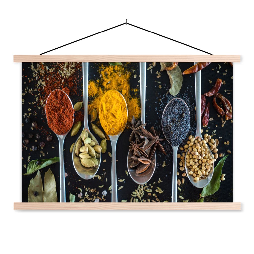 MuchoWow Textilposter Löffel - Gewürze - Kräuter - Essen - Tisch 60x40 cm mit holzfarbenen Rahmen - Bilder