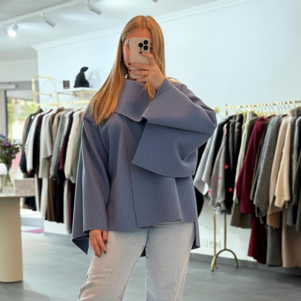 Cape Poncho "Lydia" Blau, Onesize (XS-XL) für Damen Poncho, übergroßer Cape für den Herbst und Winter, Frauen Cape, Wintercape, Langarm Cape Po...