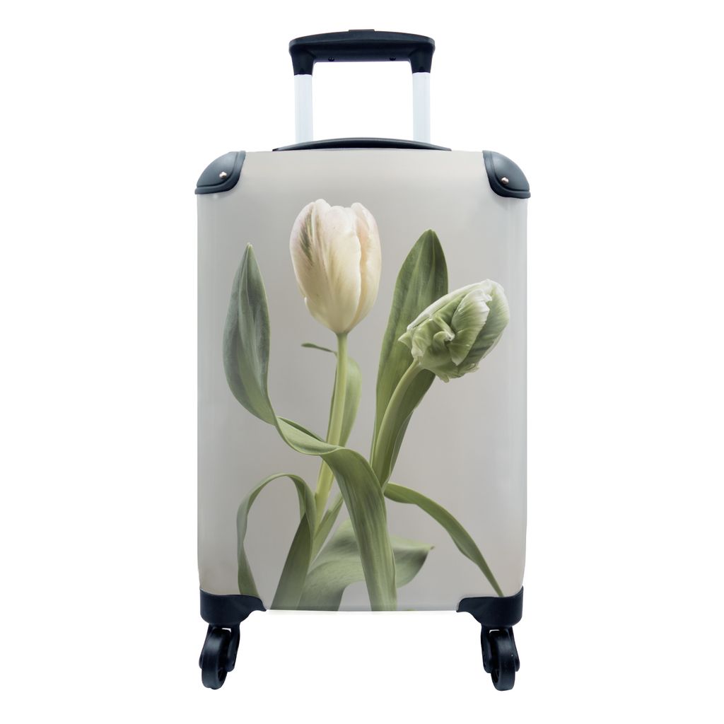 MuchoWow Koffer Handgepäck Trolley Rollkoffer Kleine Reisekoffer mit 4 Rollen - Tulpen - Blumen - Weiß - Cabin Size < 55x40x23 cm & 55x40x20 cm...
