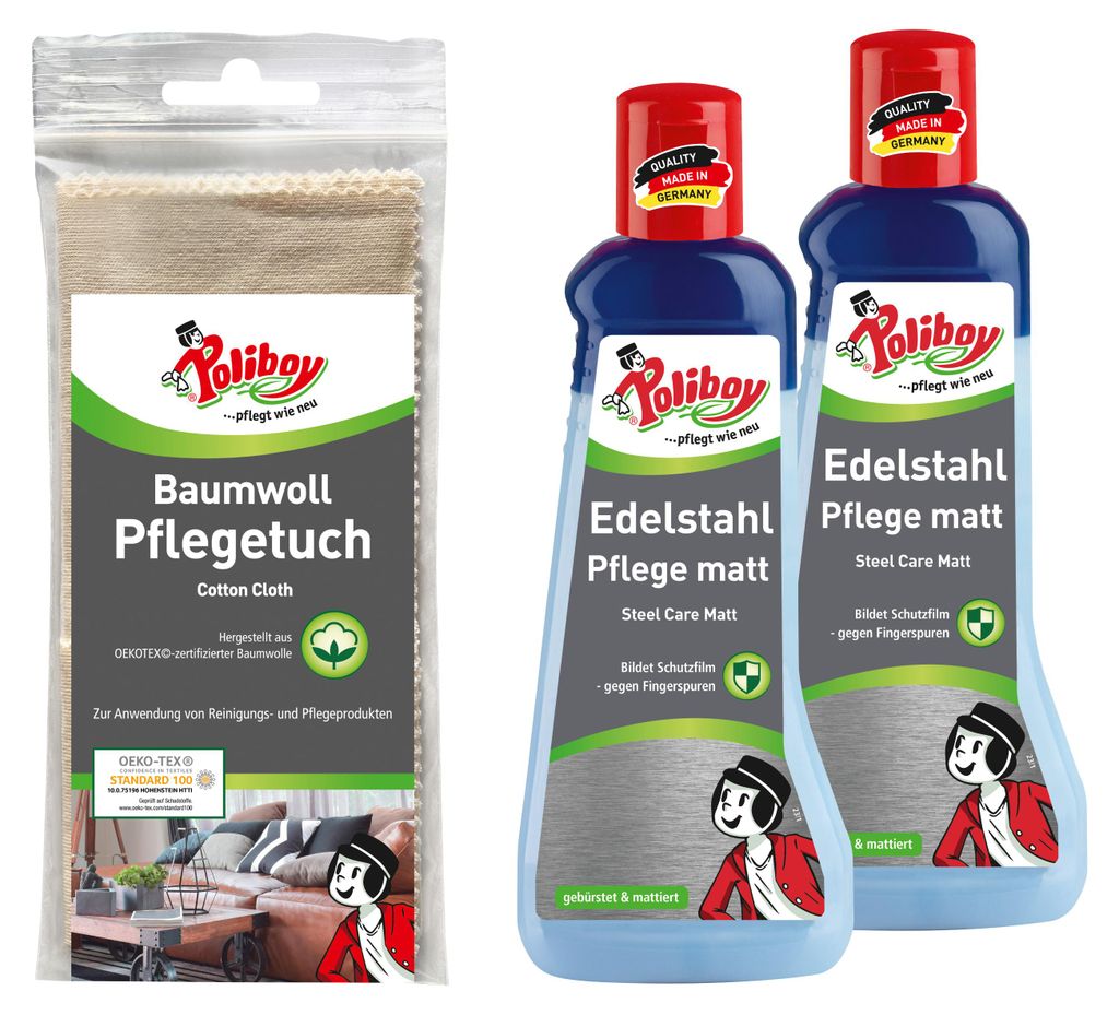 Poliboy 2er Edelstahl Pflege matt mit Baumwolltuch - Produktbild 