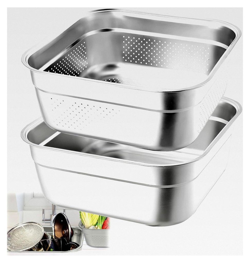 Spülschüssel und Siebschüssel Set aus Edelstahl, quadratisch, 34 cm, 2 Stück