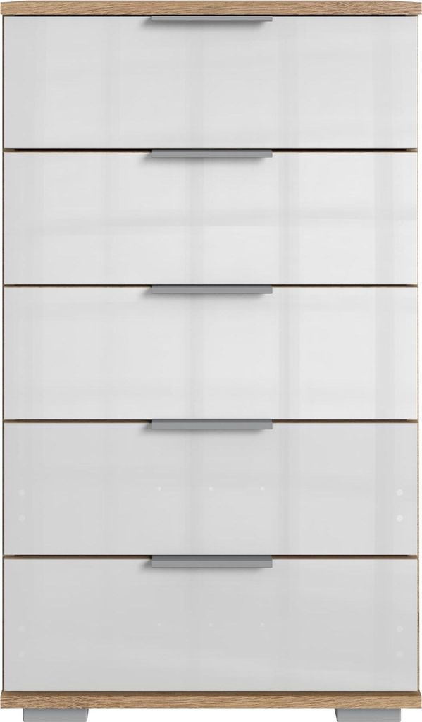 Hochkommode "Easy Plus Kommoden" in Plankeneiche mit 5 Schubladen und Absetzungen in GLAS WEISS. Abmessungen (BxHxT) 49x102x41 cm