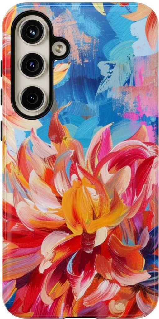 Leuchtende Dahlien auf abstraktem blauem Hintergrund – Hülle Kompatibel mit Samsung Galaxy S24 Plus