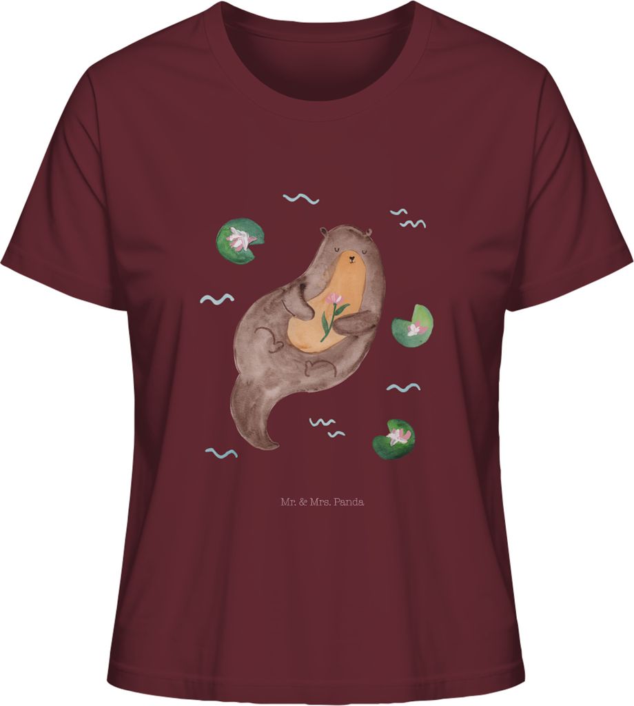 Mr. & Mrs. Panda Baumwoll T-Shirt Damen Otter Seerose Größe M - Burgundy - Geschenk, für Frauen, Kurzarmshirt, Seeotter, Fluss, glücklich, Wass...