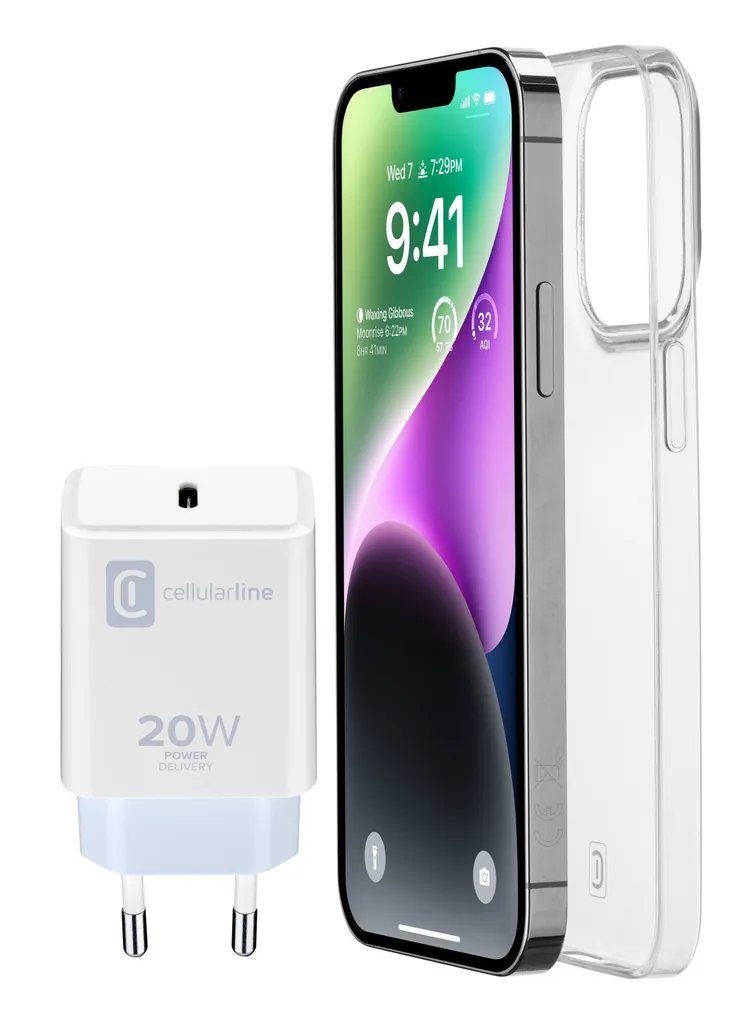 Pack Accessoires iPhone 14 CellularLine Coque Transparente et Chargeur - 3