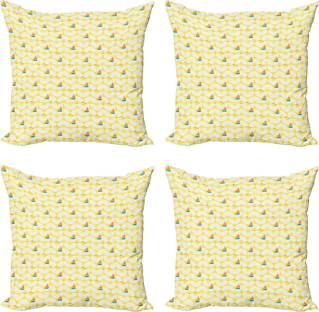 ABAKUHAUS Kindergarten Kissenbezug Set (4 Stück), Marine Thema Boote und Fische, Moderner Doppelseitiger Digitaldruck, 60 cm x 60 cm, Mehrfarbig