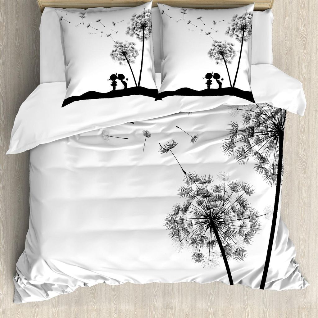 ABAKUHAUS Schwarz und weiß Bettbezug Set, Kleine Jungen und Mädchen Silhouette unter einem Löwenzahn Monochrome Spring Season, 155 x 220 cm + 80...