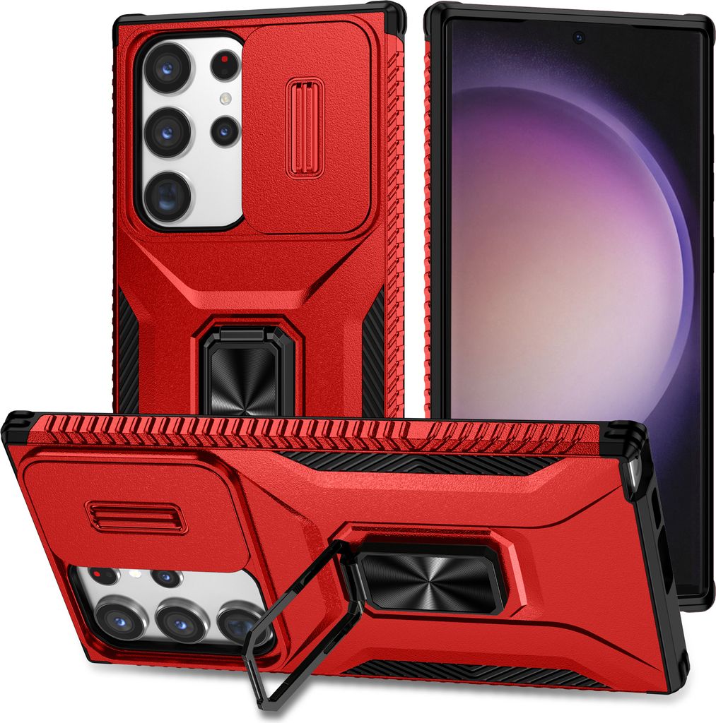 Handyhülle für Samsung Galaxy S23 Ultra Dual Layer Hülle mit Schiebe Kamera Schutz und Ringhalter Ständer Rot