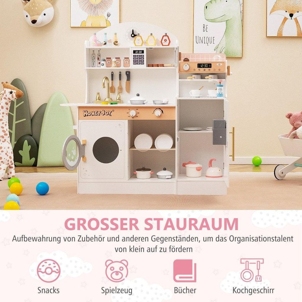 Kinderküche mit 27 Zubehör Spielküche Holz mit Uhr Mikrowelle Weiß