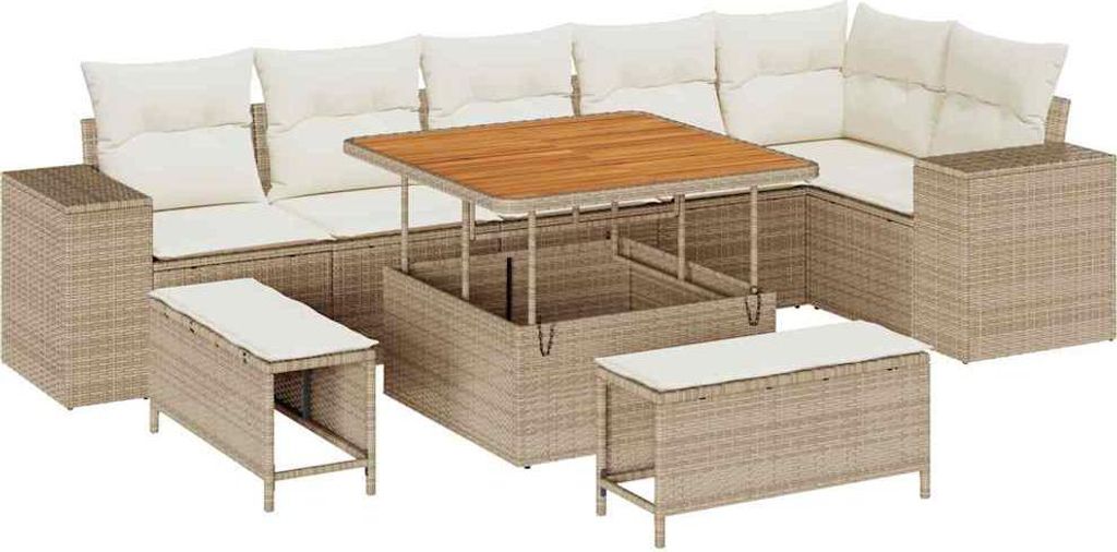 Gartensofa-set mit Kissen 9 pcs Beige und Creme Poly-Rattan
