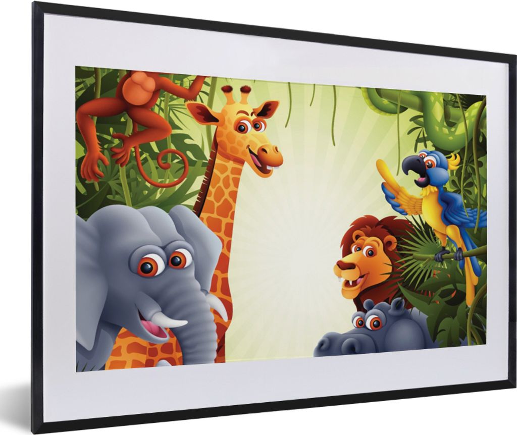 MuchoWow Gerahmtes Poster Dschungel - Jungen - Mädchen - Baby - Elefant - Löwe - Giraffe 60x40 cm - Poster mit Schwarzem Bilderrahmen Wandposte...