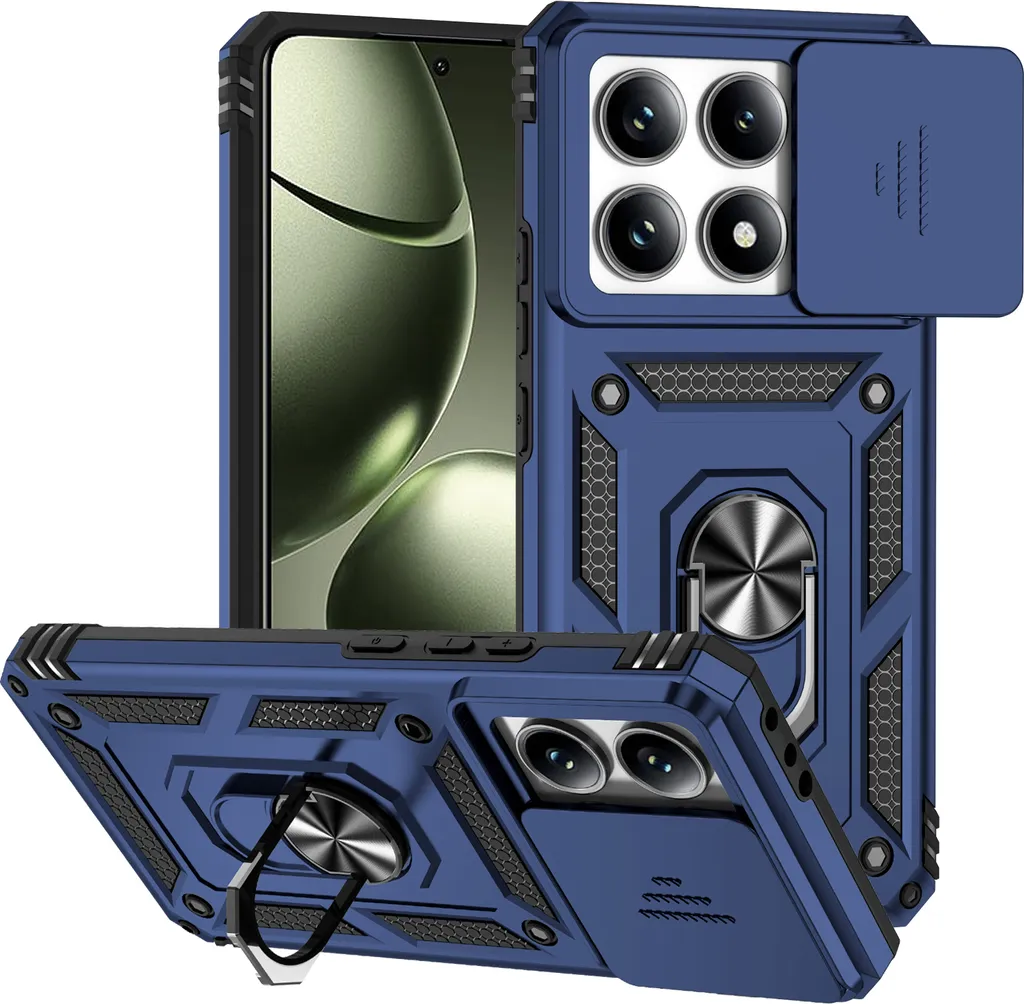 Custodia per Xiaomi 14T a doppio strato con copertura scorrevole della fotocamera e supporto ad anello Blu