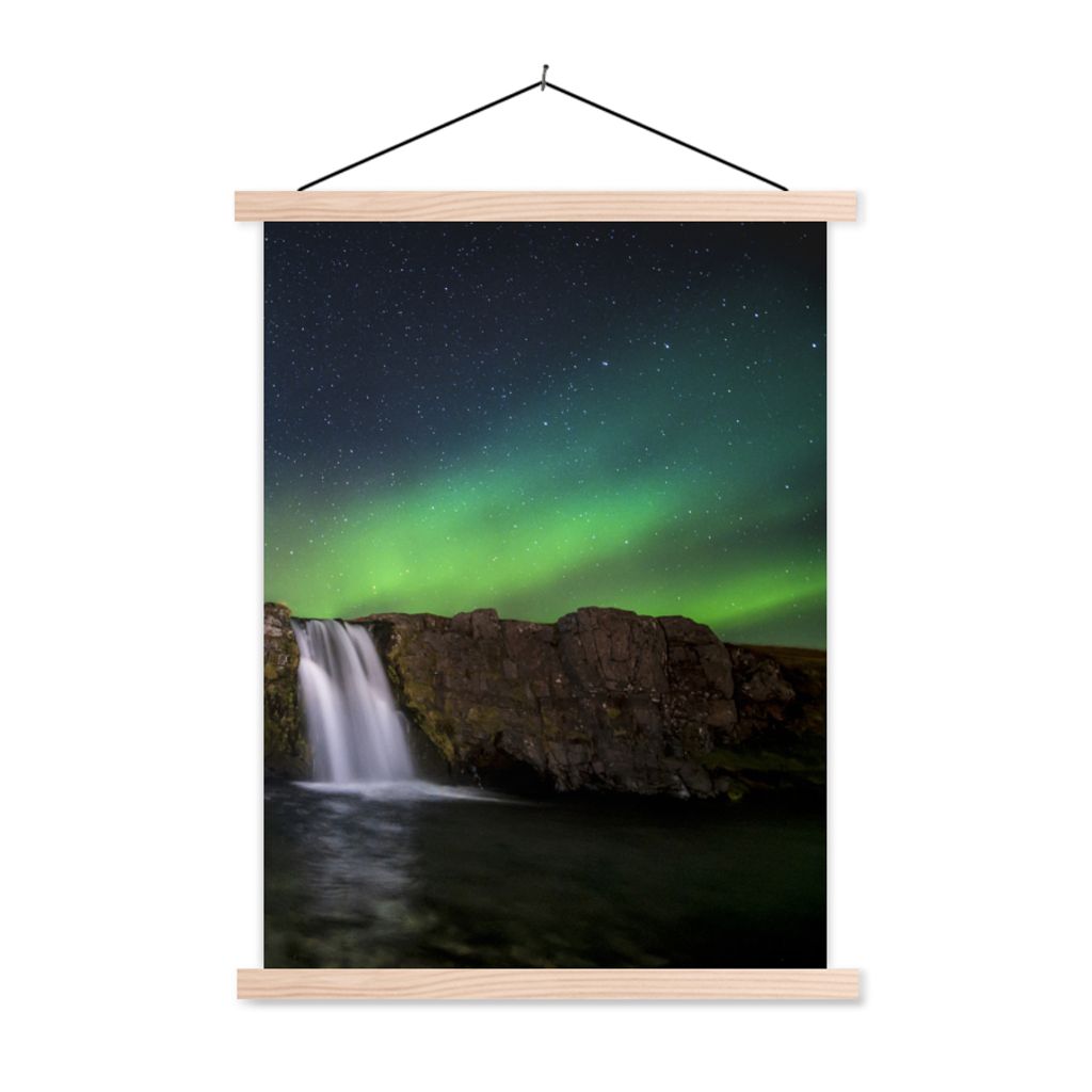 MuchoWow Textilposter Nordlicht - Wasserfall - Island - Natur 120x160 cm mit holzfarbenen Rahmen - Plakatkarton