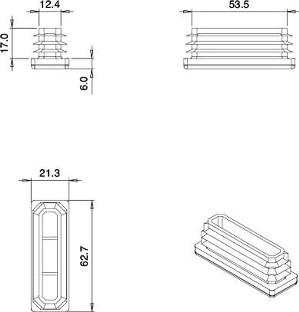 Ajile, 4 Stück, Rechteckiger Lamellenstopfen 60x20 mm (Wandstärke 1,0,3,0 mm), Weiß EPH228x4
