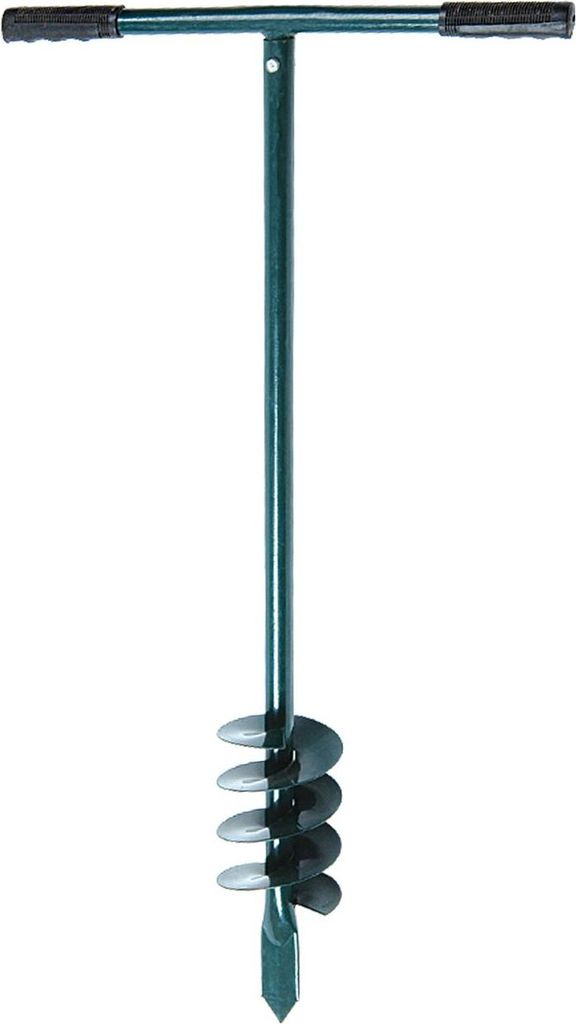 A green earth auger with black handles against a white background.