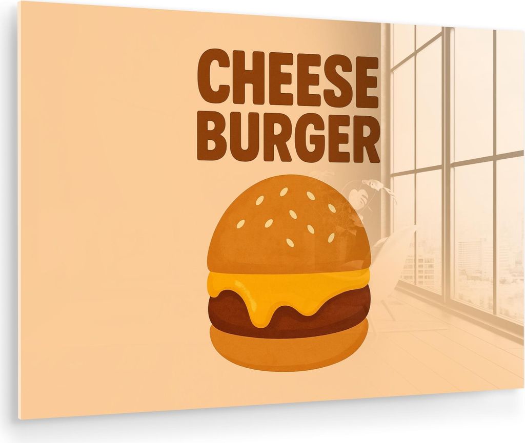 MuchoWow Glasbilder - Bilder auf Wandbild - Foto auf Glas Cheeseburger - Minimalistisch - Gelb 90x60 cm Wanddekoration aus Glas - Acrylglasbild - A...