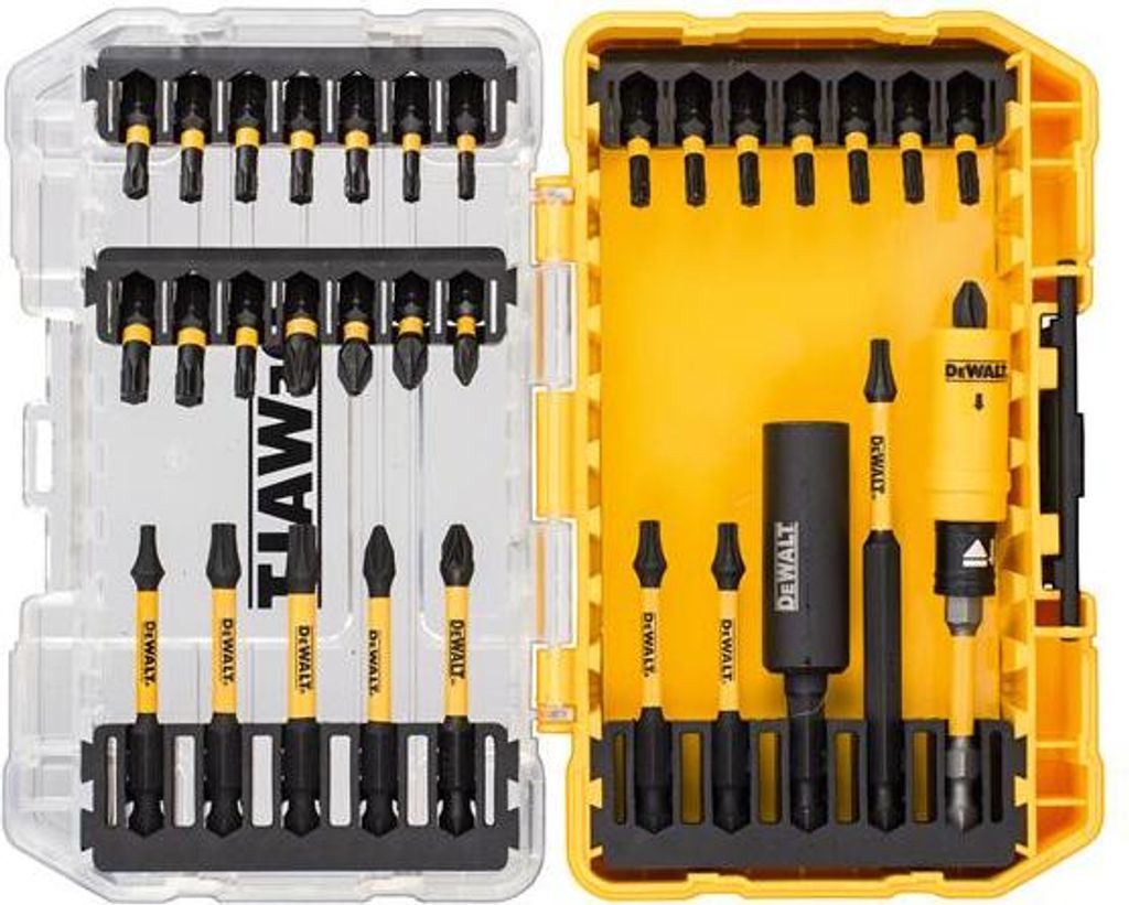 A set of drill bits and accessories in a clear plastic case, open to reveal the contents.