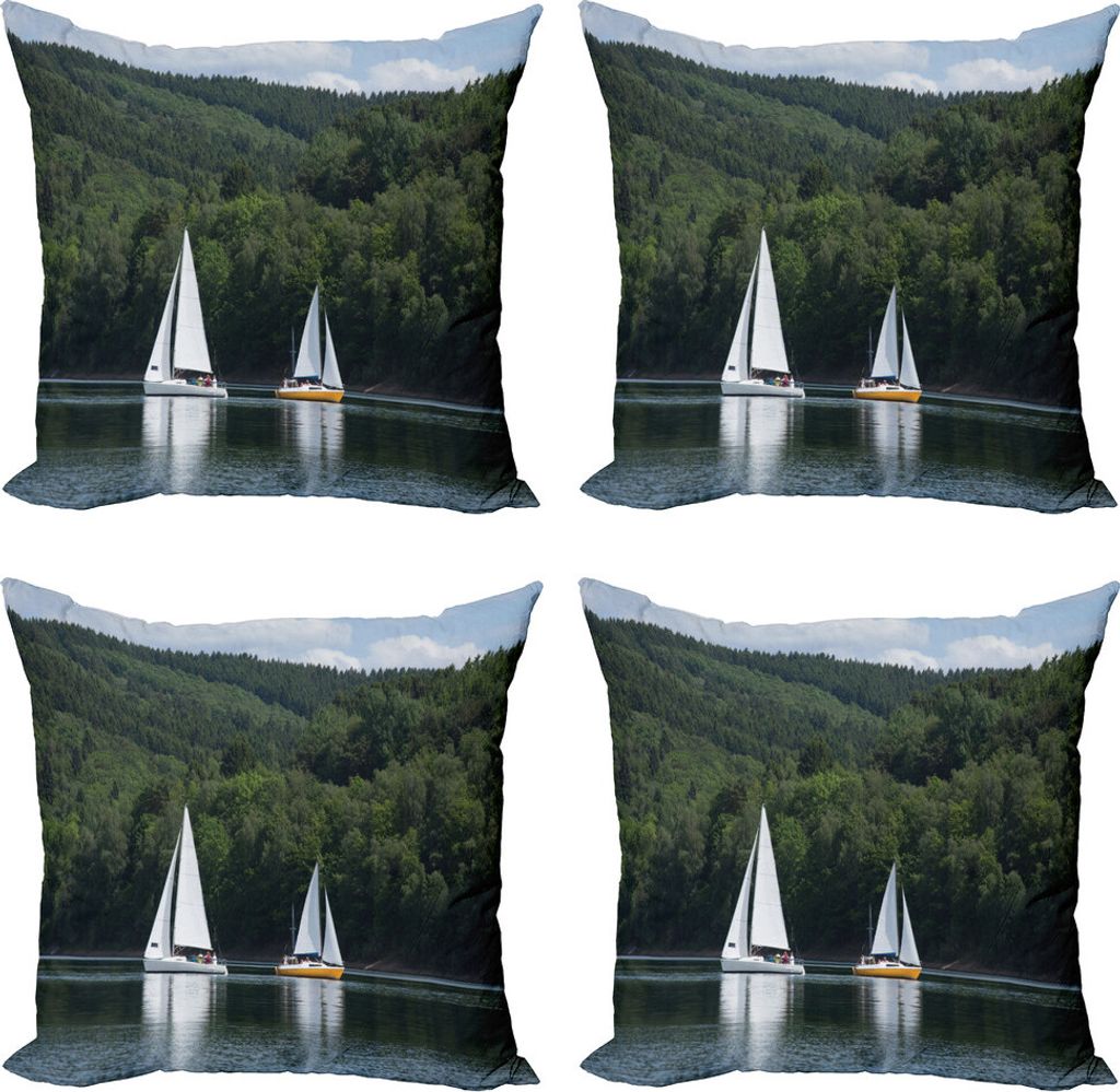 ABAKUHAUS Segelboot Kissenbezug Set (4 Stück), Segelboote auf einem See, Moderner Doppelseitiger Digitaldruck, 60 cm x 60 cm, Grün Weiß
