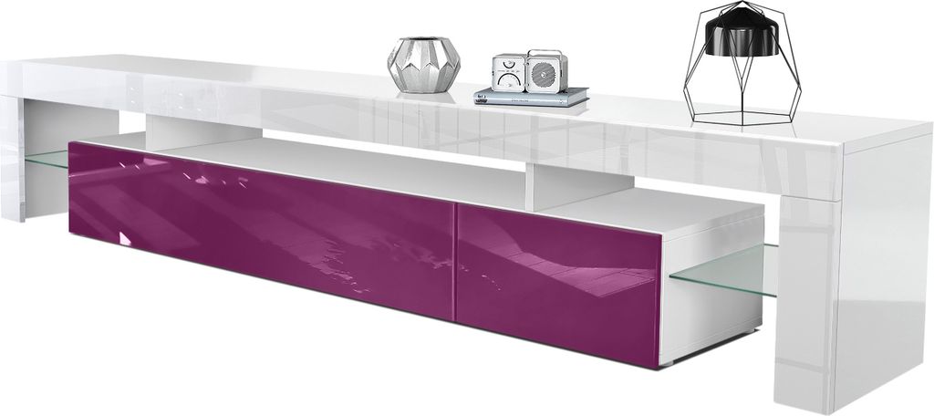 Vladon Lowboard Lima V2, Germany, TV-Kommode mit 2 Klappen, 1 offenem Fach und 2 Glasablagen, Weiß Hochglanz/Brombeer Hochglanz (189 x 38 x 35 cm)